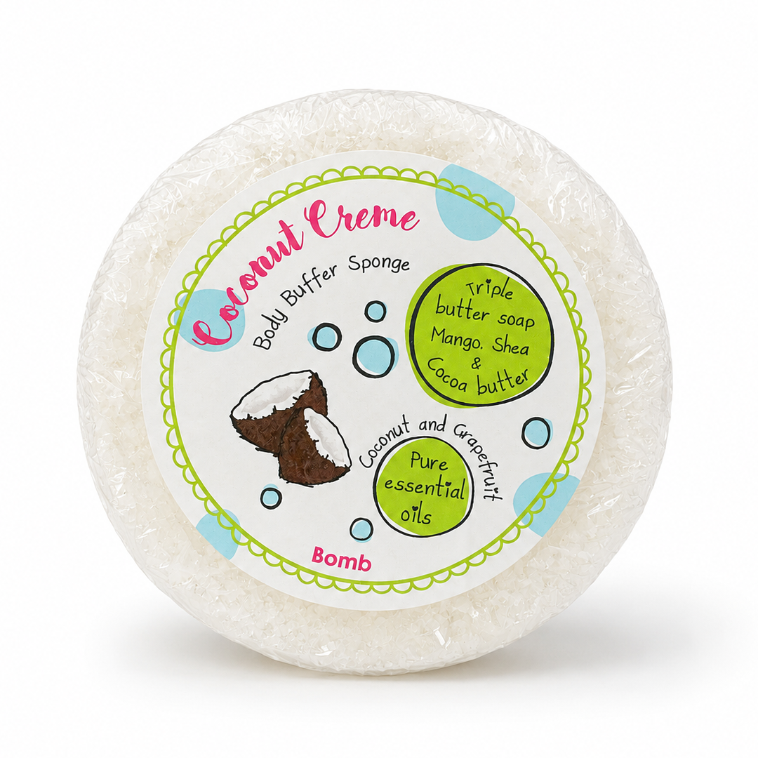 Coconut Creme body buffer sponge with a label on a white background