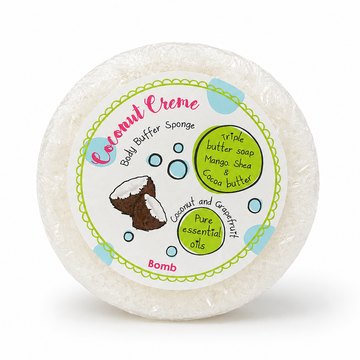 Coconut Creme body buffer sponge with a label on a white background
