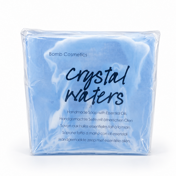 Packaged soap with 'Crystal Waters' branding on a white background