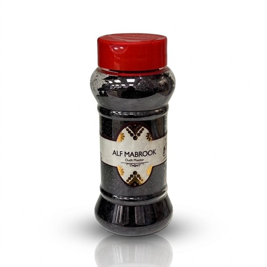 Alf Mabrook Oudh Muattar Bakhoor 42g Khadlaj jar packaging front view