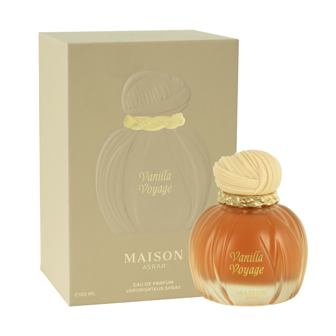 Maison Asrar Vanilla Voyage elegant fragrance bottle design