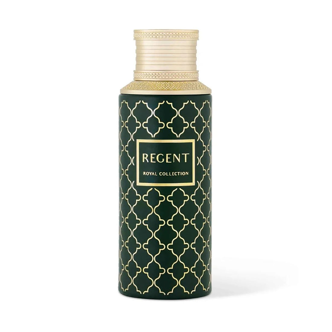 Green bottle with gold pattern and 'Regent' branding on a white background
