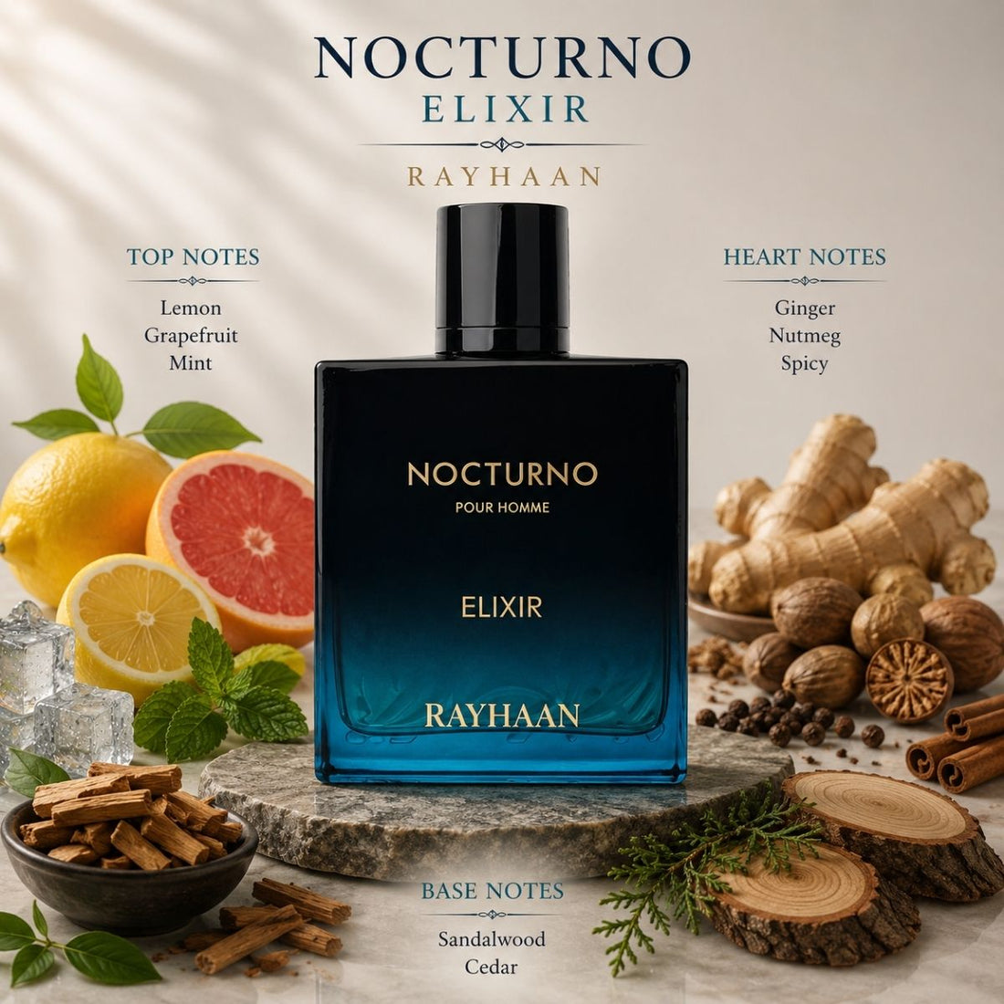 Perfume bottle labeled 'Nocturno Elixir' by Rayhaan on a white background