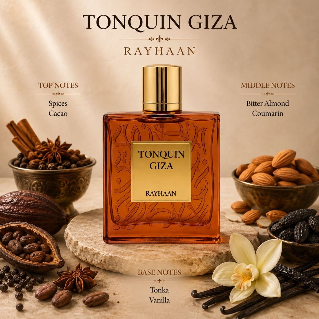 Amber glass perfume bottle with gold cap and label on a white background