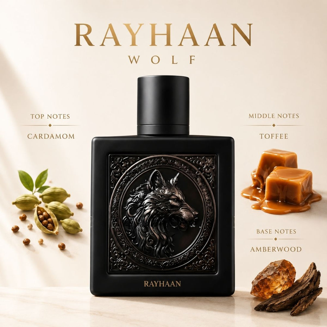 Black perfume bottle with wolf design and 'RAYHAAN' branding on a white background