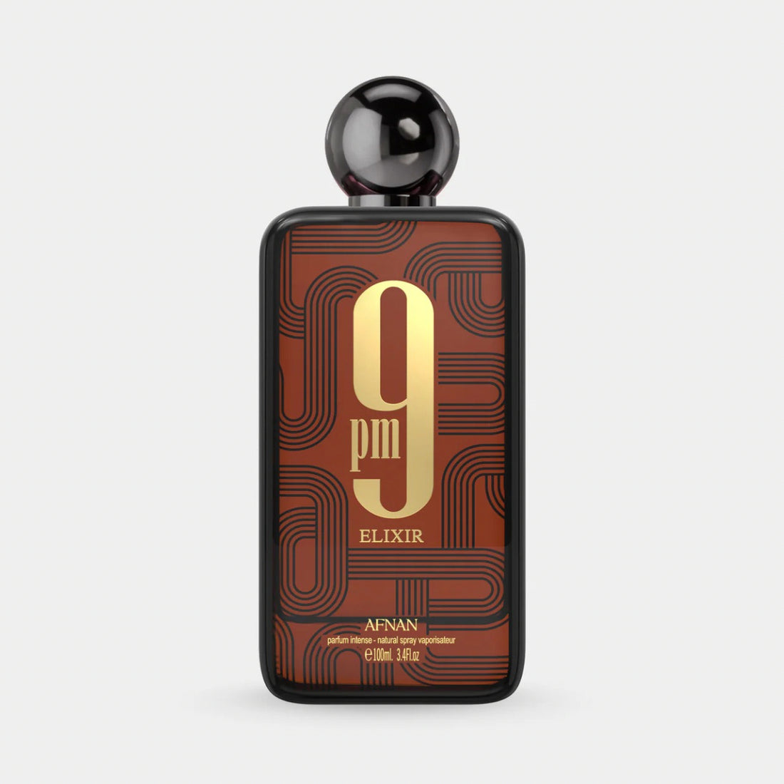 Perfume bottle labeled '9 pm Elixir' by Afnan on a white background