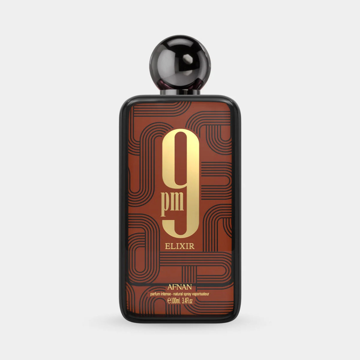 Perfume bottle labeled '9 pm Elixir' by Afnan on a white background