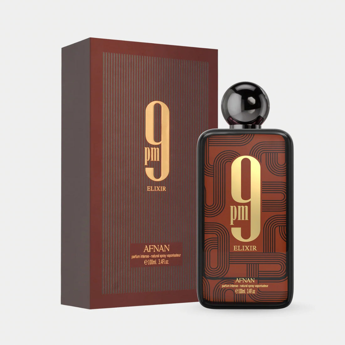 Perfume bottle labeled '9 pm Elixir' by Afnan on a white background