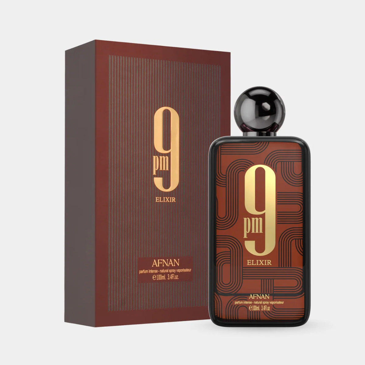 9 pm Elixir perfume bottle and packaging on a white background