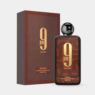 9 pm Elixir perfume bottle and packaging on a white background