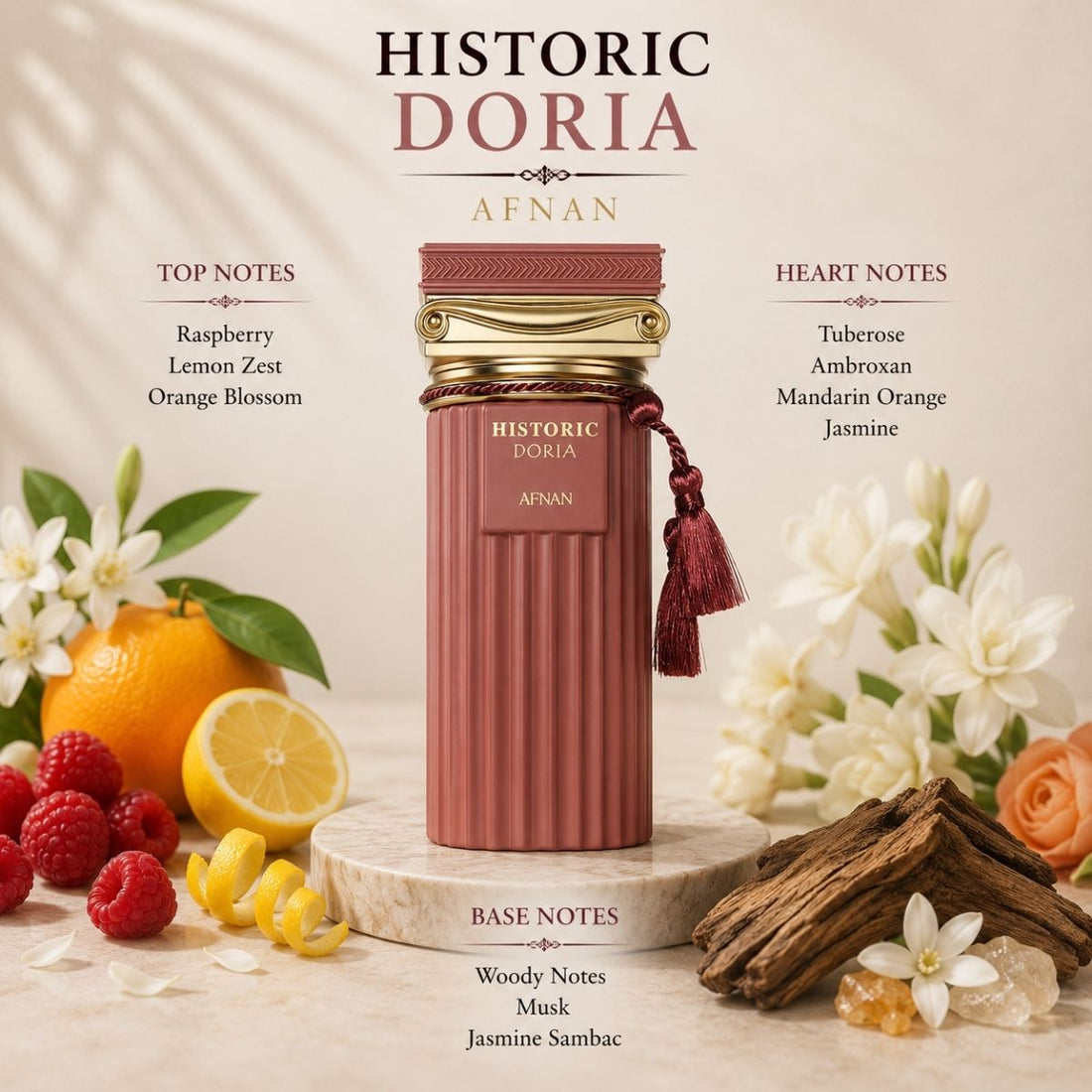 Pink perfume bottle and packaging with 'Historic Doria' branding on a white background