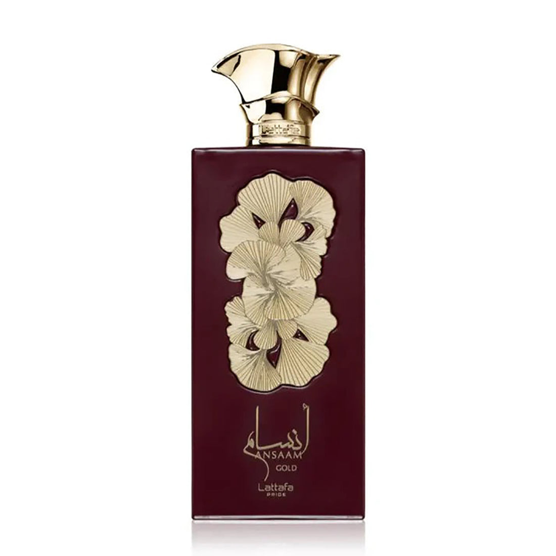 Perfume bottle with gold design and maroon base on a white background