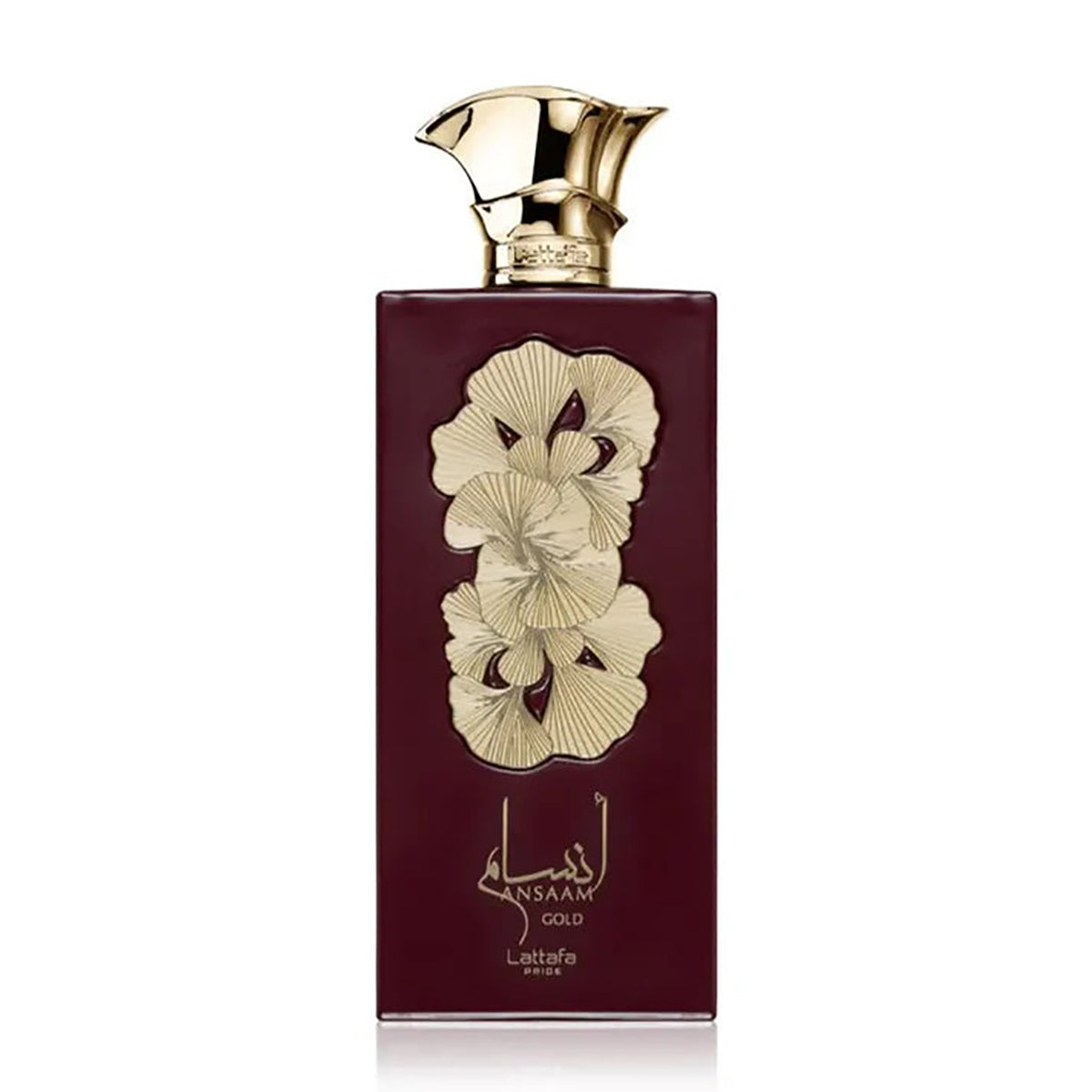 Perfume bottle with gold design and maroon base on a white background