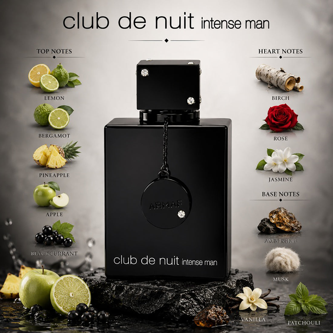 Black 'club de nuit intense' perfume bottle and packaging on a white background