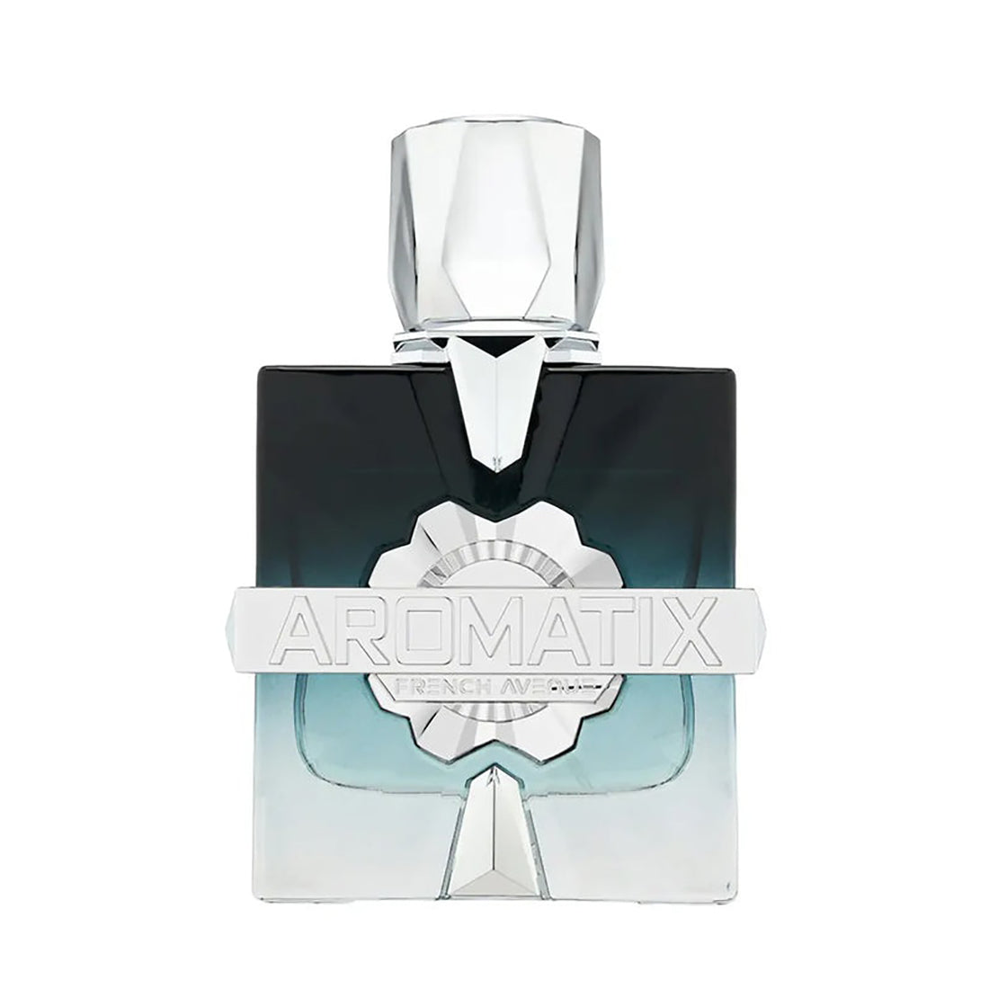 Perfume bottle with silver cap and 'Aromatix' branding on a white background