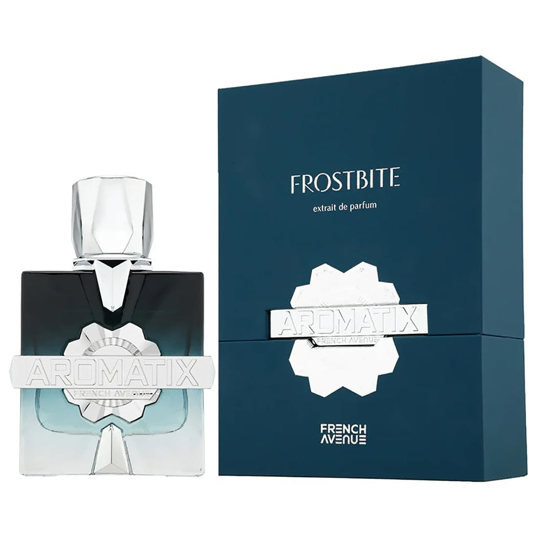 Perfume bottle with silver cap and 'Aromatix' branding on a white background