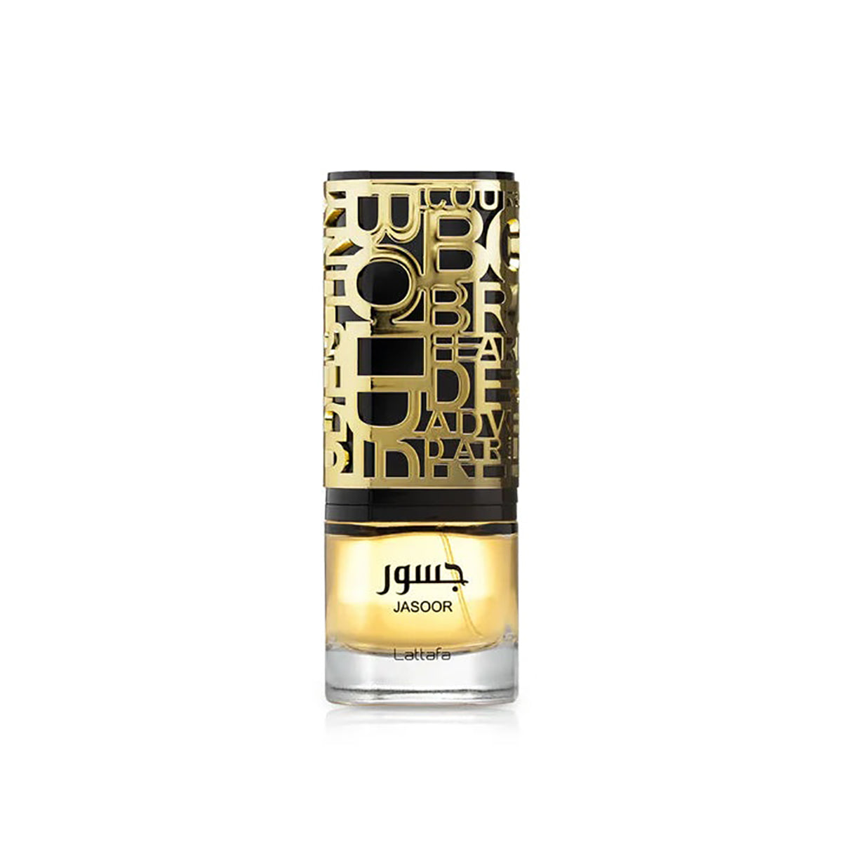 Perfume bottle with gold and black design on a white background