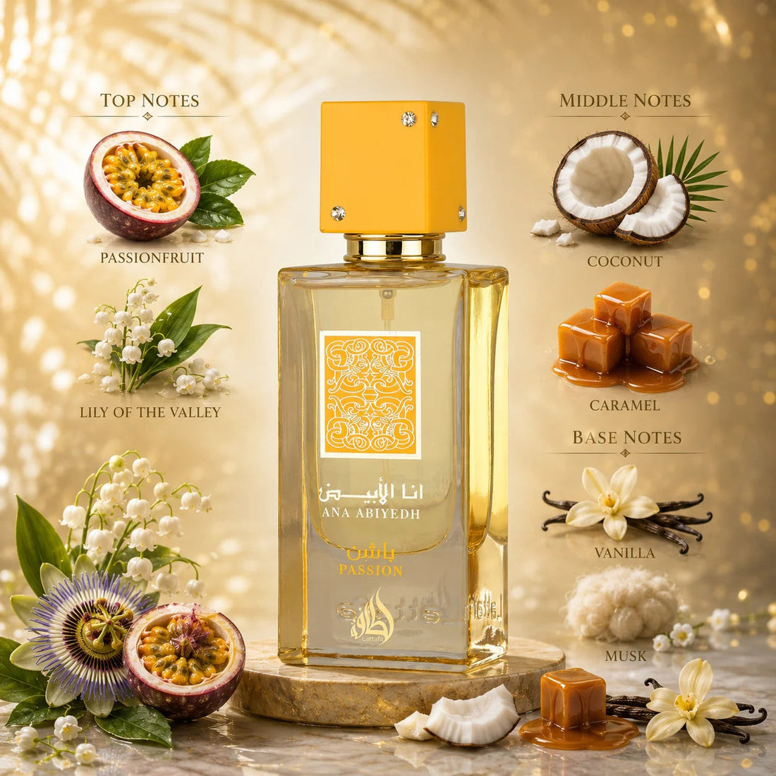 Perfume bottle and packaging with gold and white design on a white background