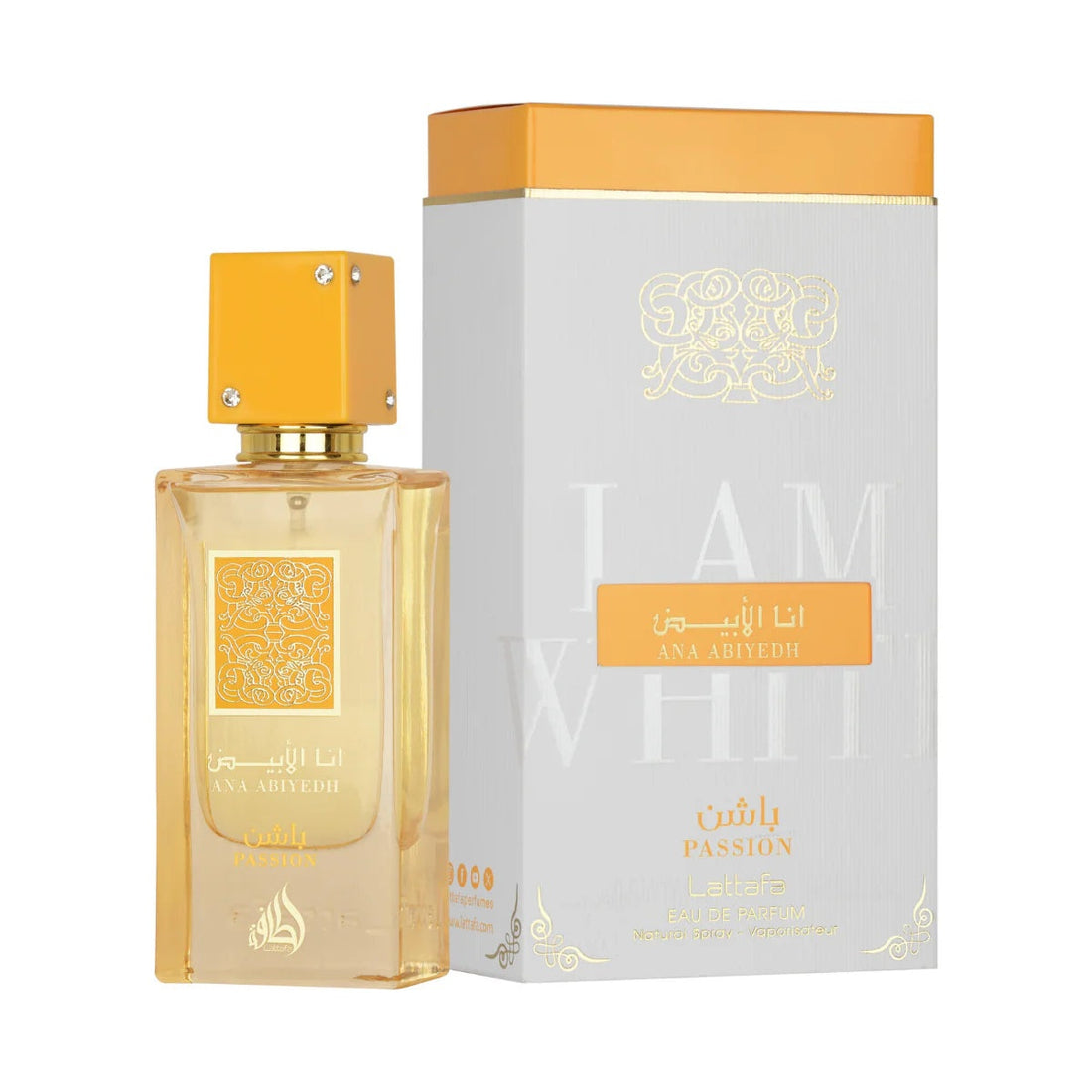 Perfume bottle with yellow cap and decorative label on a white background