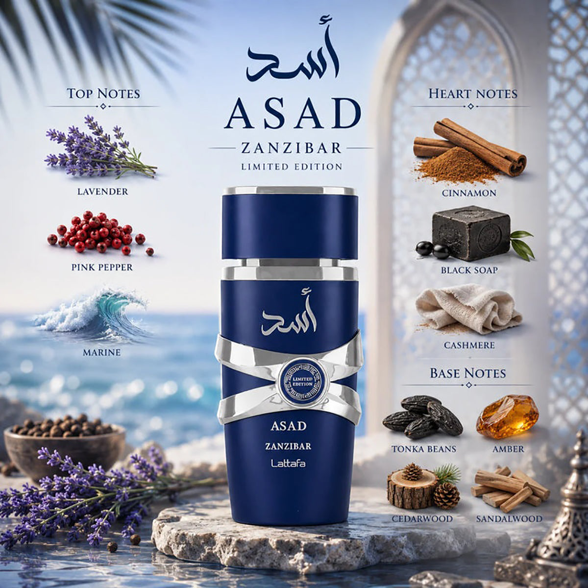ASAD Zanzibar perfume bottle with notes and ingredients displayed against a scenic background