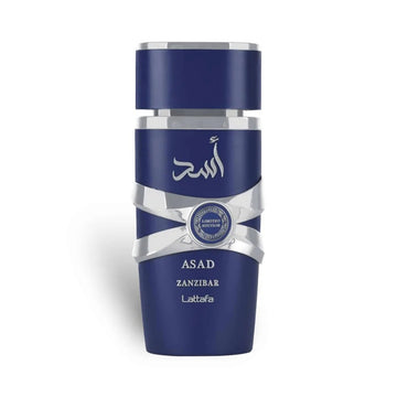 Blue bottle with silver accents on a white background