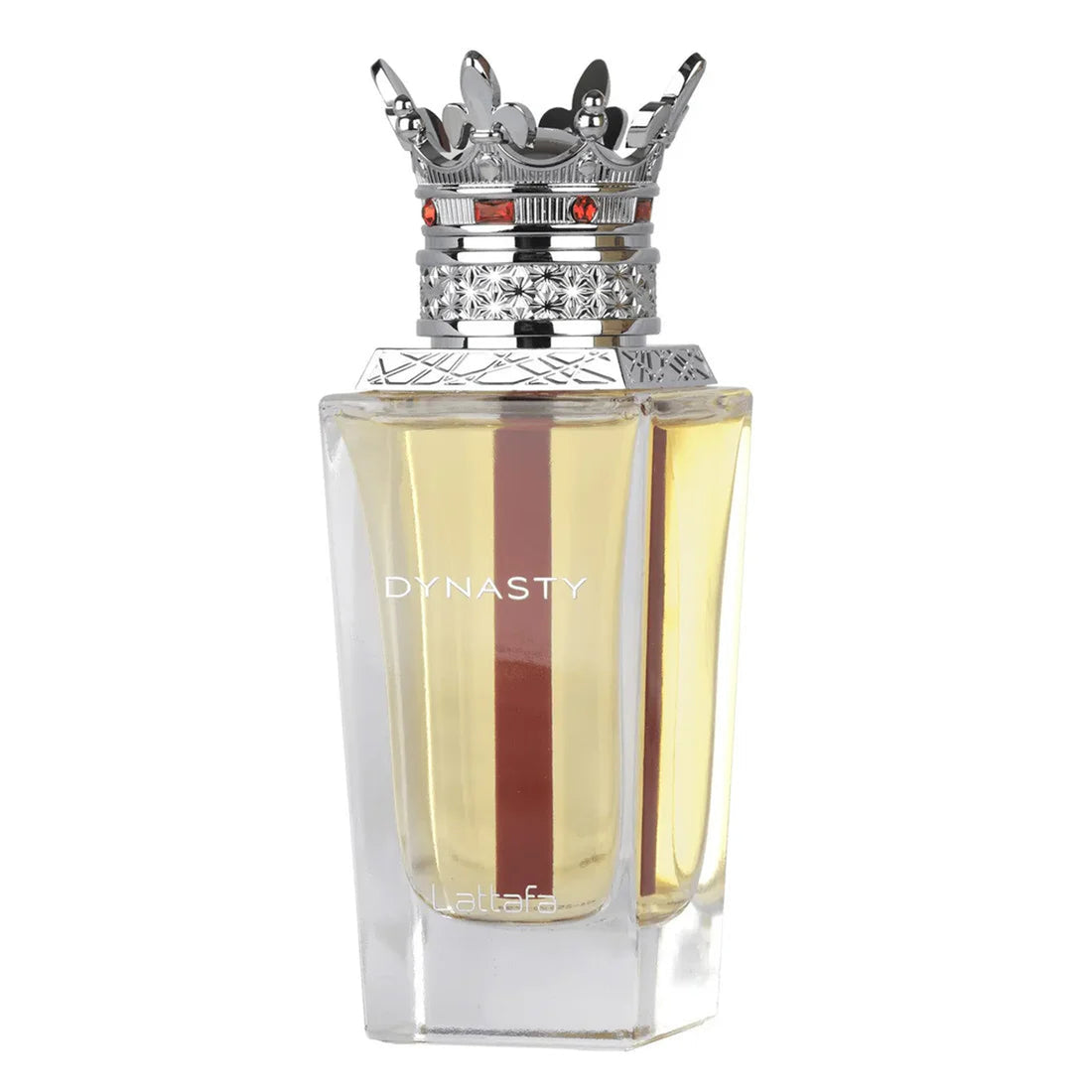 Perfume bottle labeled 'Dynasty' with a decorative cap on a white background