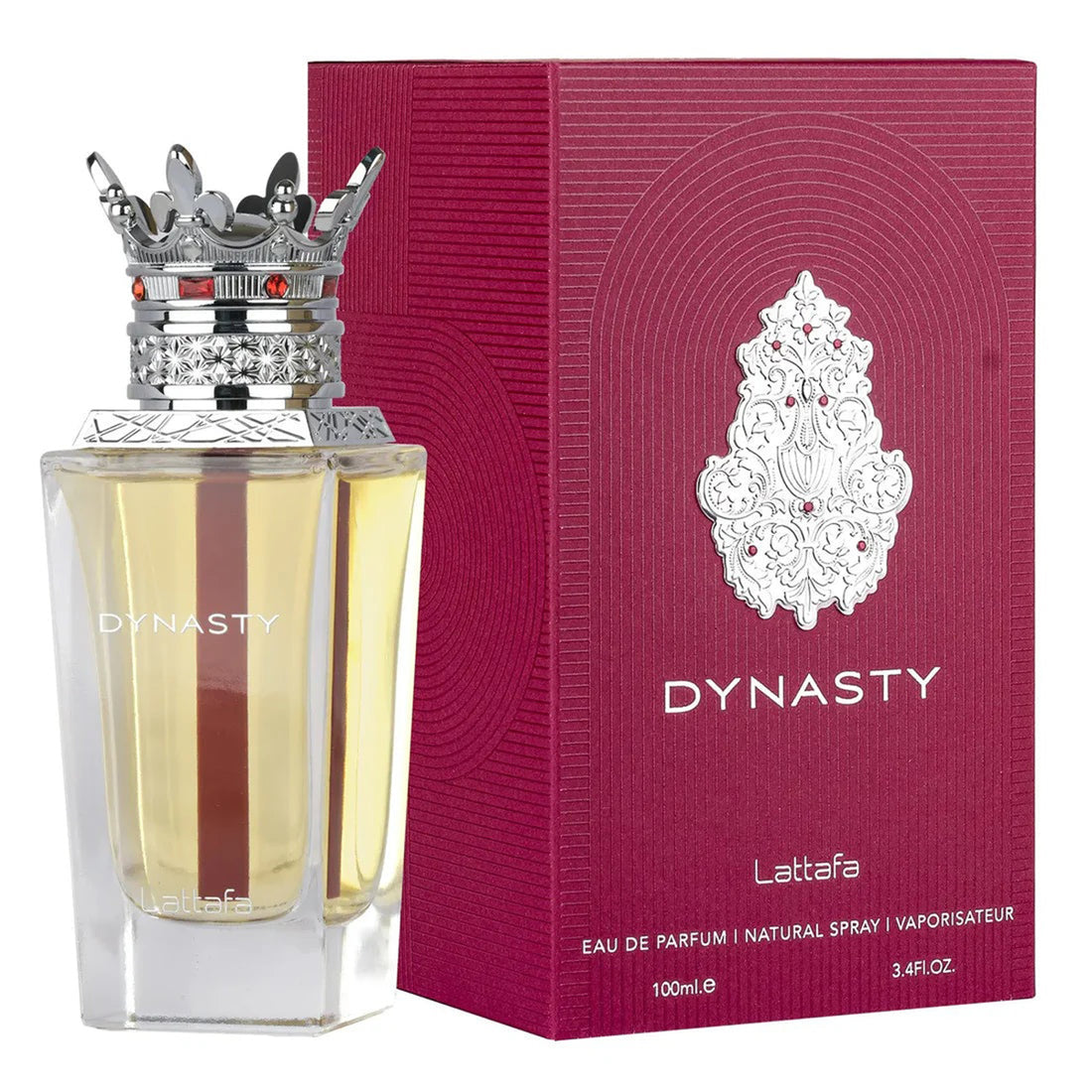 Perfume bottle labeled 'Dynasty' with a decorative cap on a white background