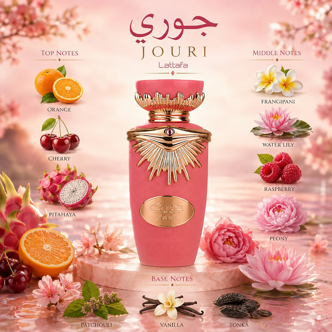 Pink and gold Jouri perfume bottle with packaging on a white background