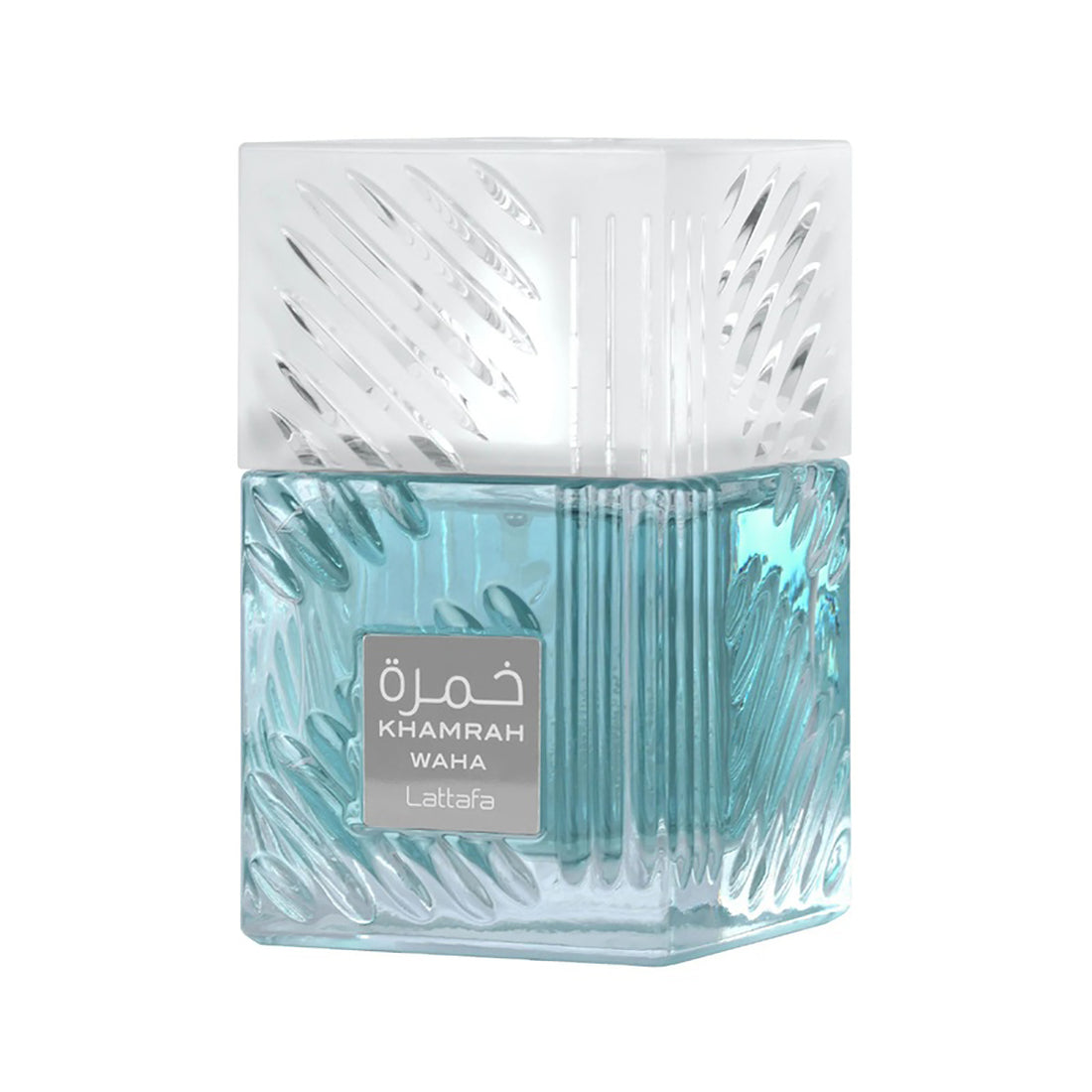 Perfume bottle with textured design and 'Khamrah Waha' label on a white background