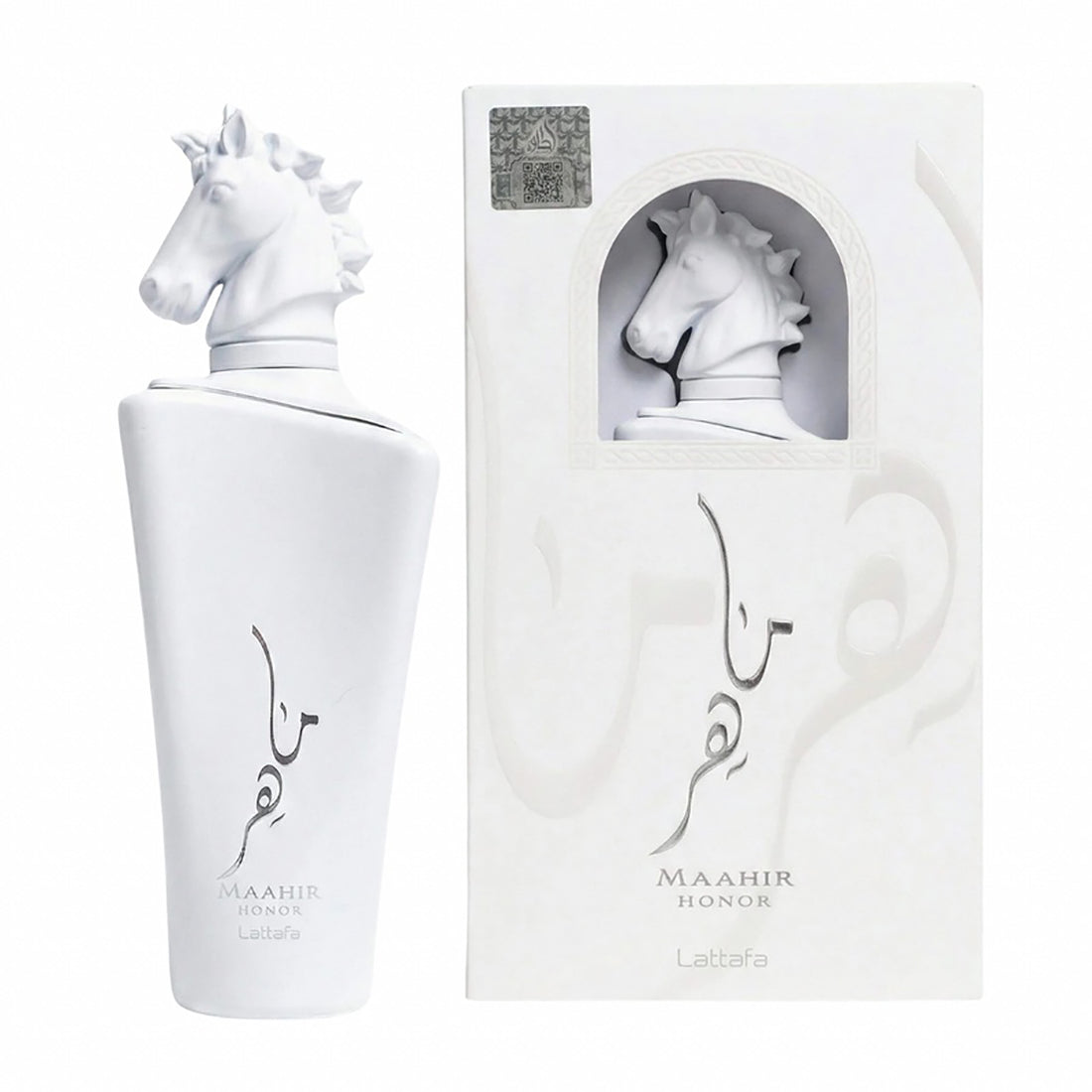 White horse-shaped perfume bottle with packaging featuring Arabic text on a white background