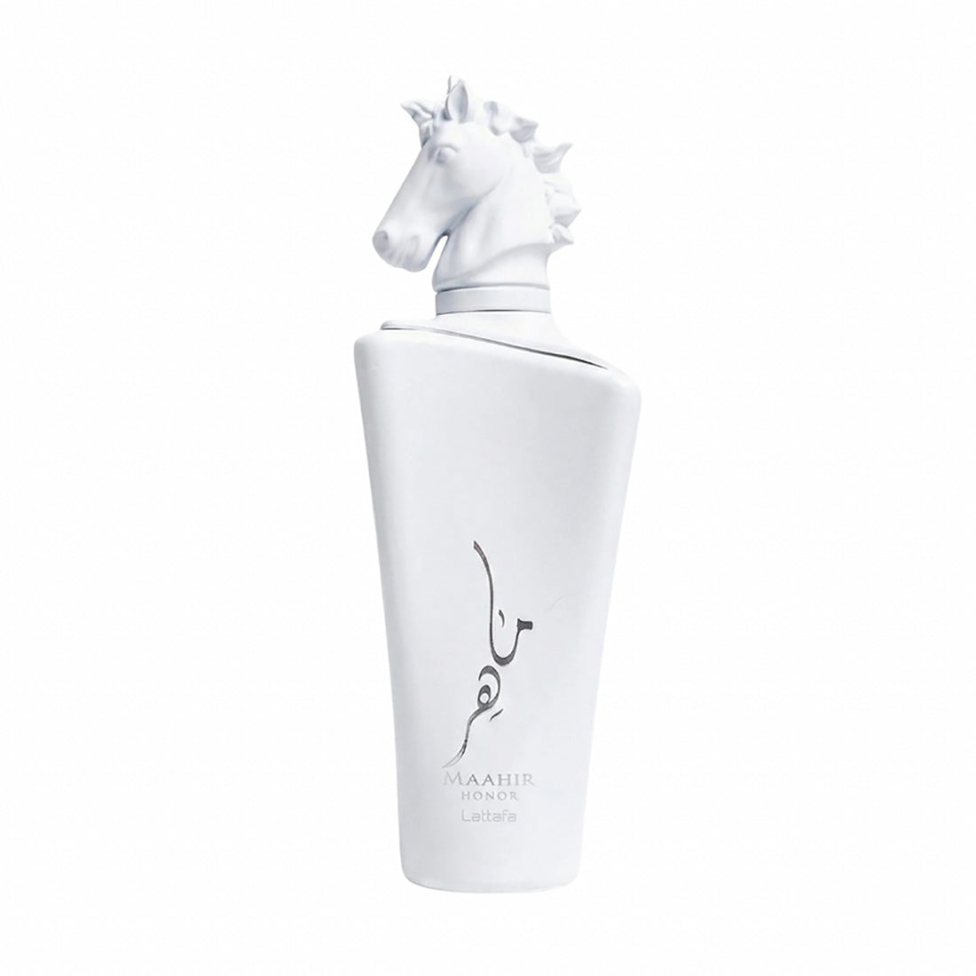 White perfume bottle with unicorn design on a white background