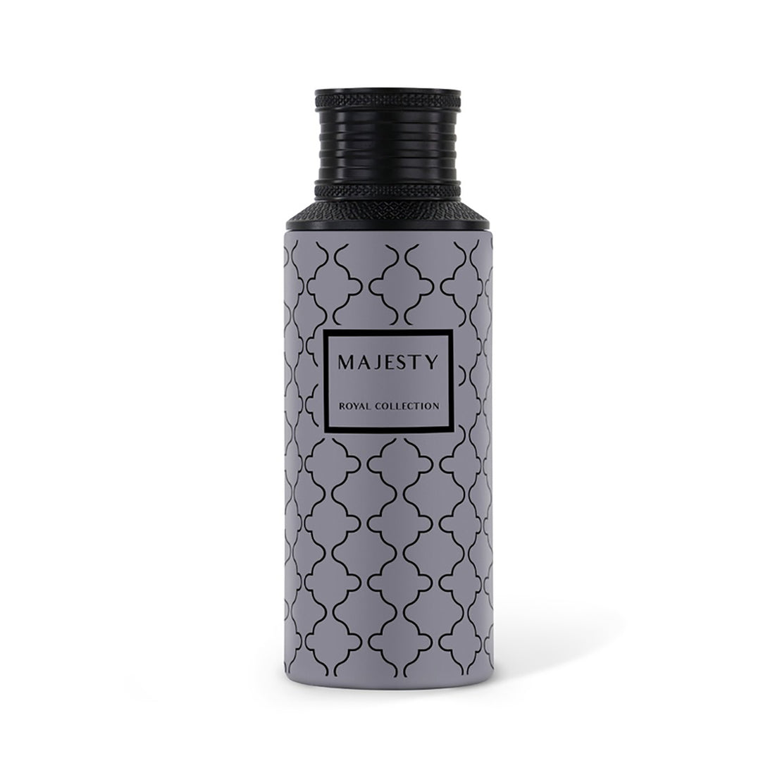 Bottle labeled 'Majesty' with a black cap on a white background