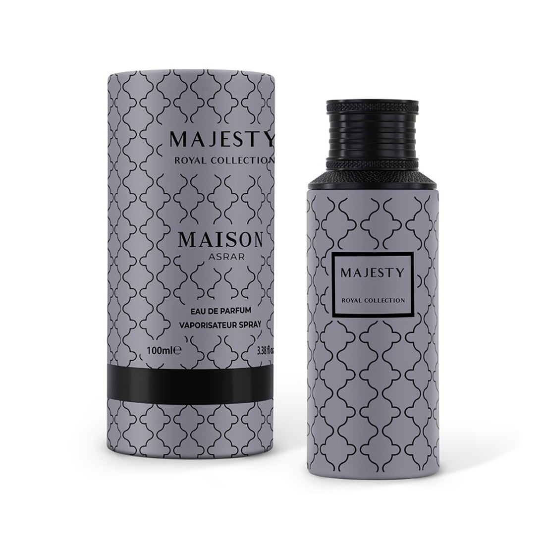 Bottle labeled 'Majesty' with a black cap on a white background