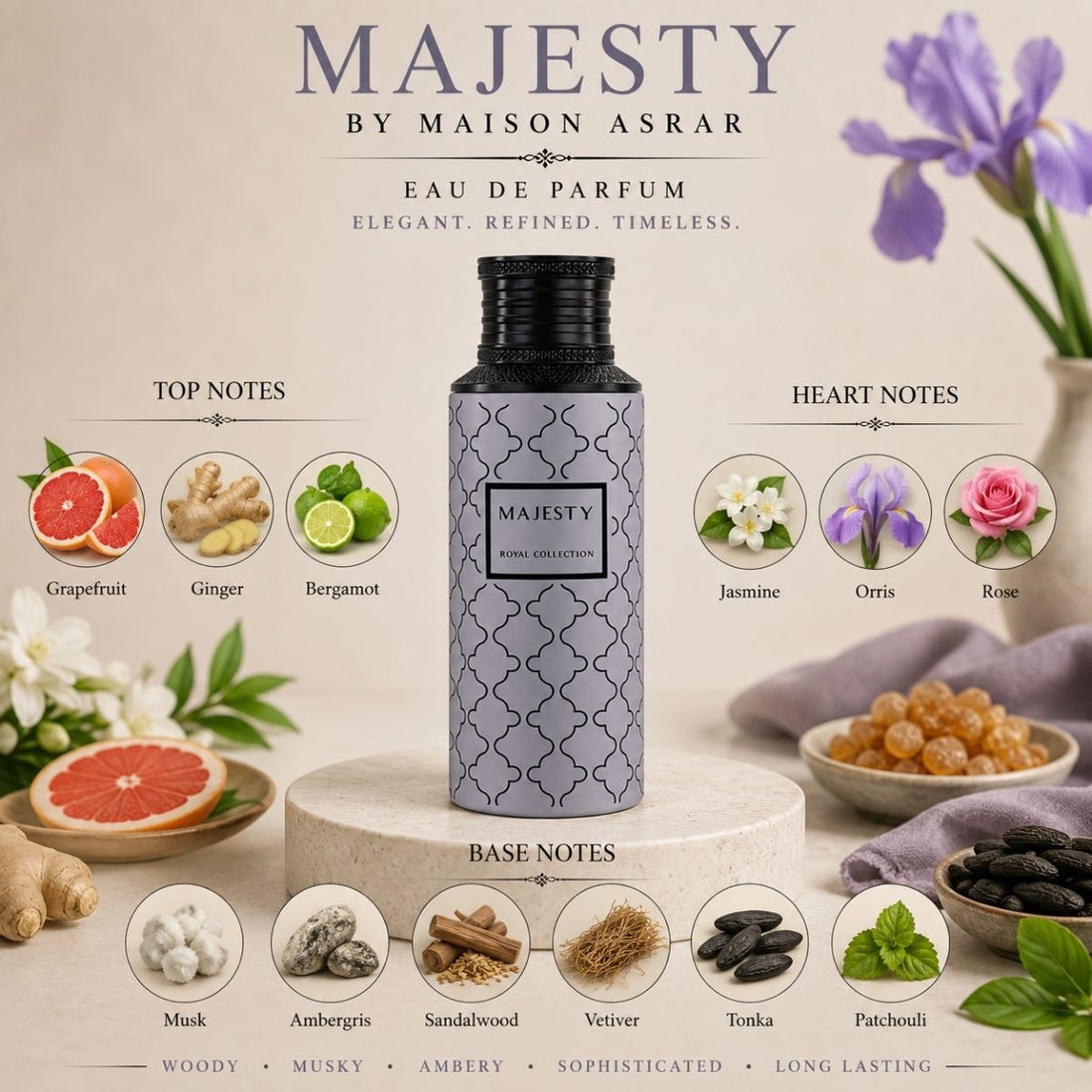 Maison Ashar Majesty Royal Collection perfume bottle and packaging on a white background