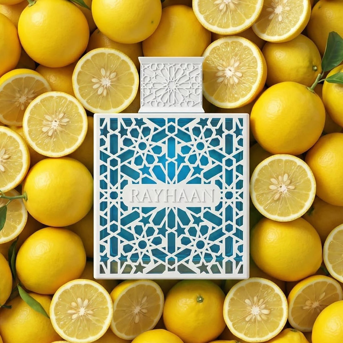 Decorative box with 'RAYHAAN' branding surrounded by lemons