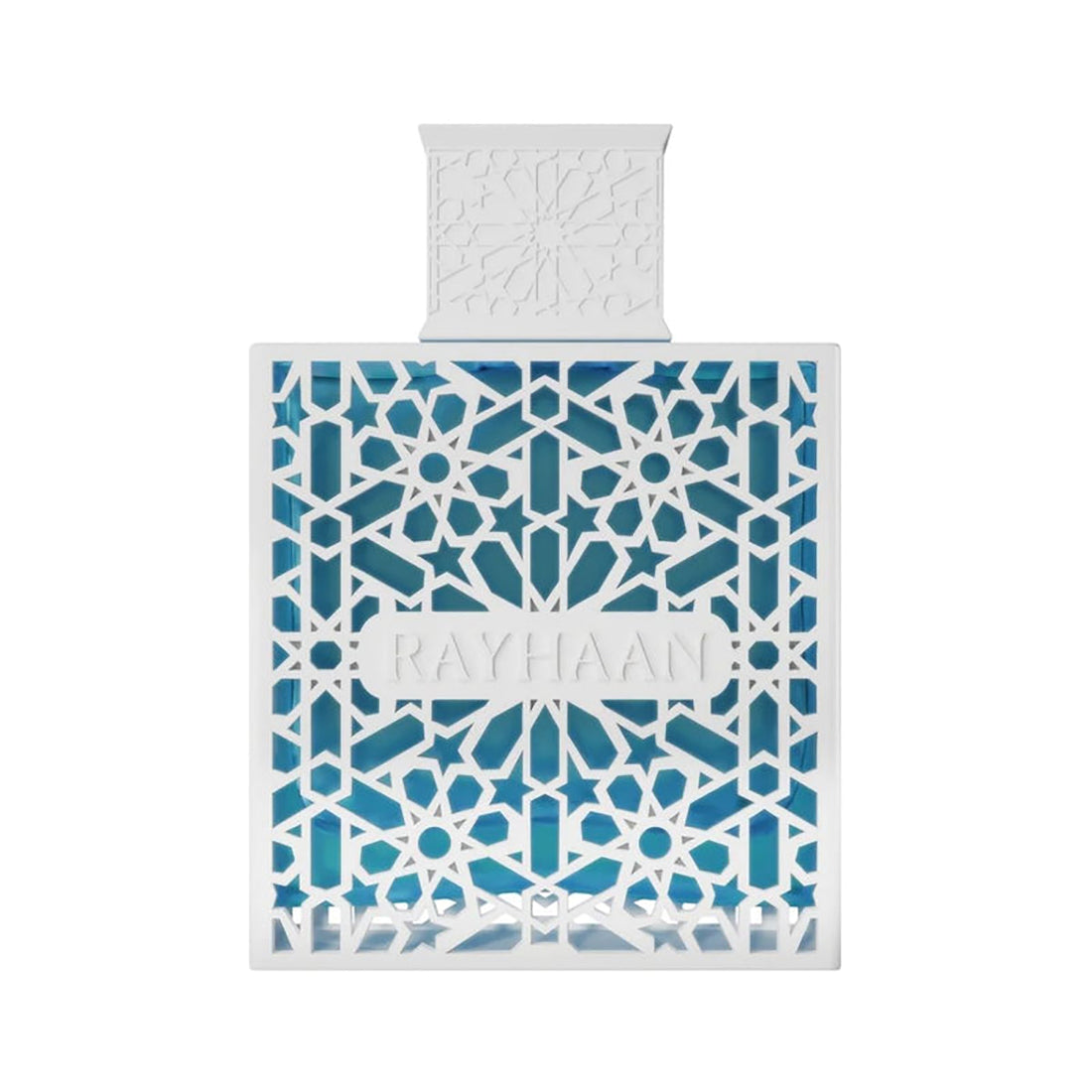 Perfume bottle with decorative blue and white pattern on a white background