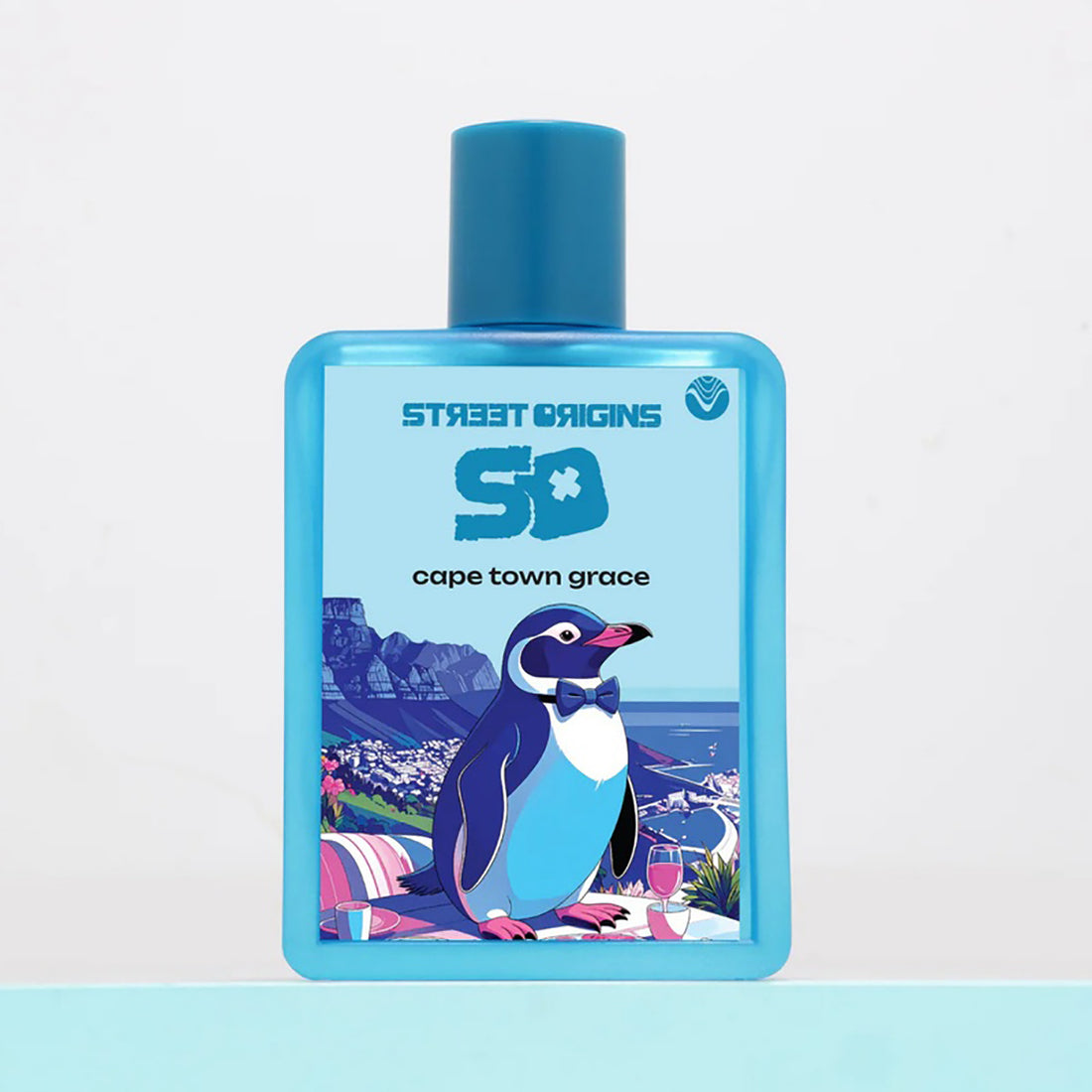 Blue bottle with penguin design on a light blue background
