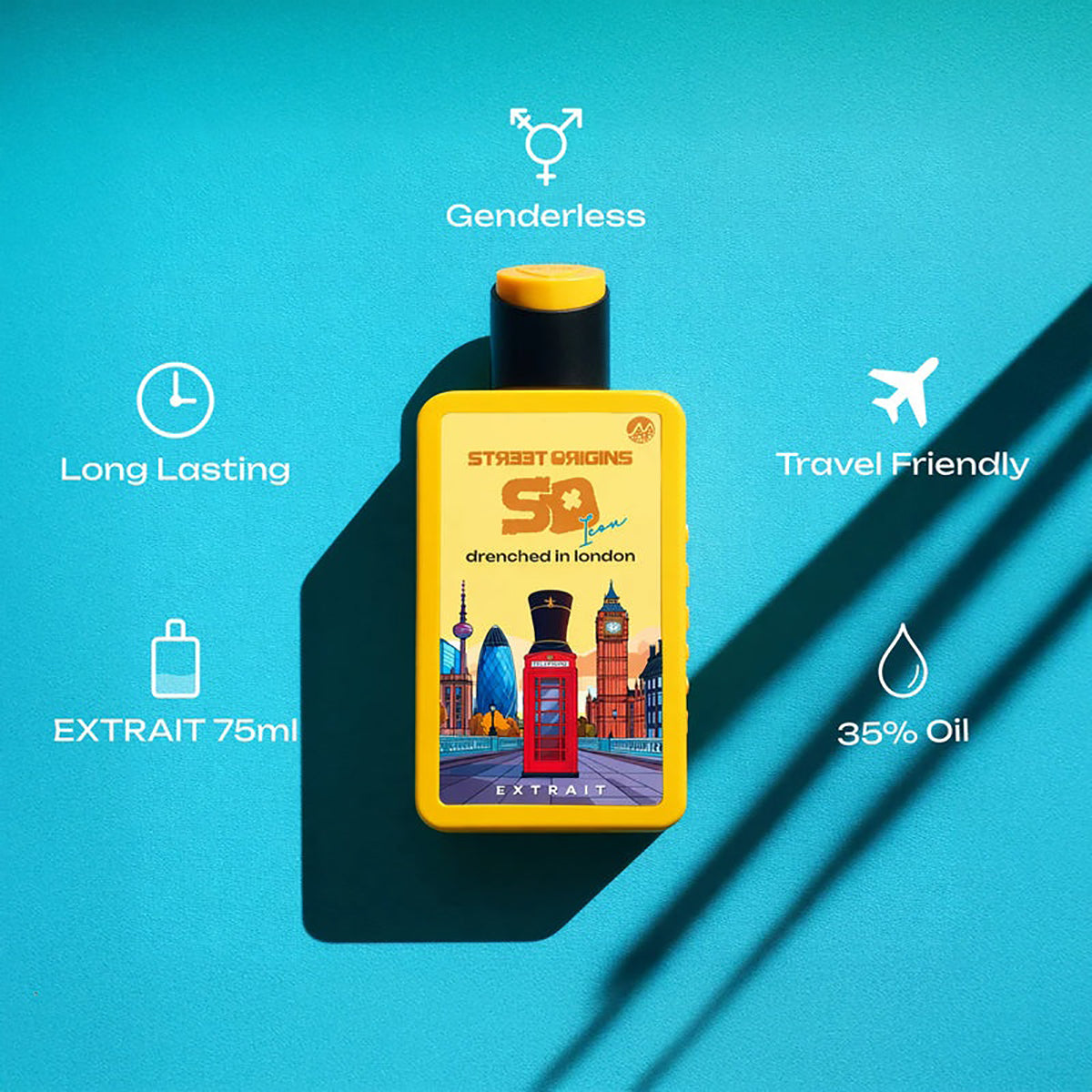 Yellow bottle with London-themed label on a blue background, featuring text about product features.