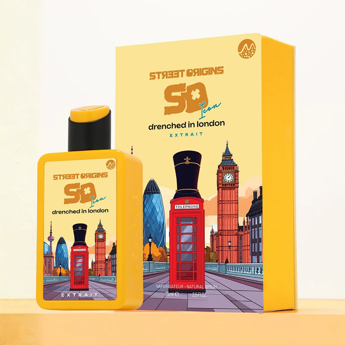 Perfume bottle and packaging with London-themed design on a yellow background