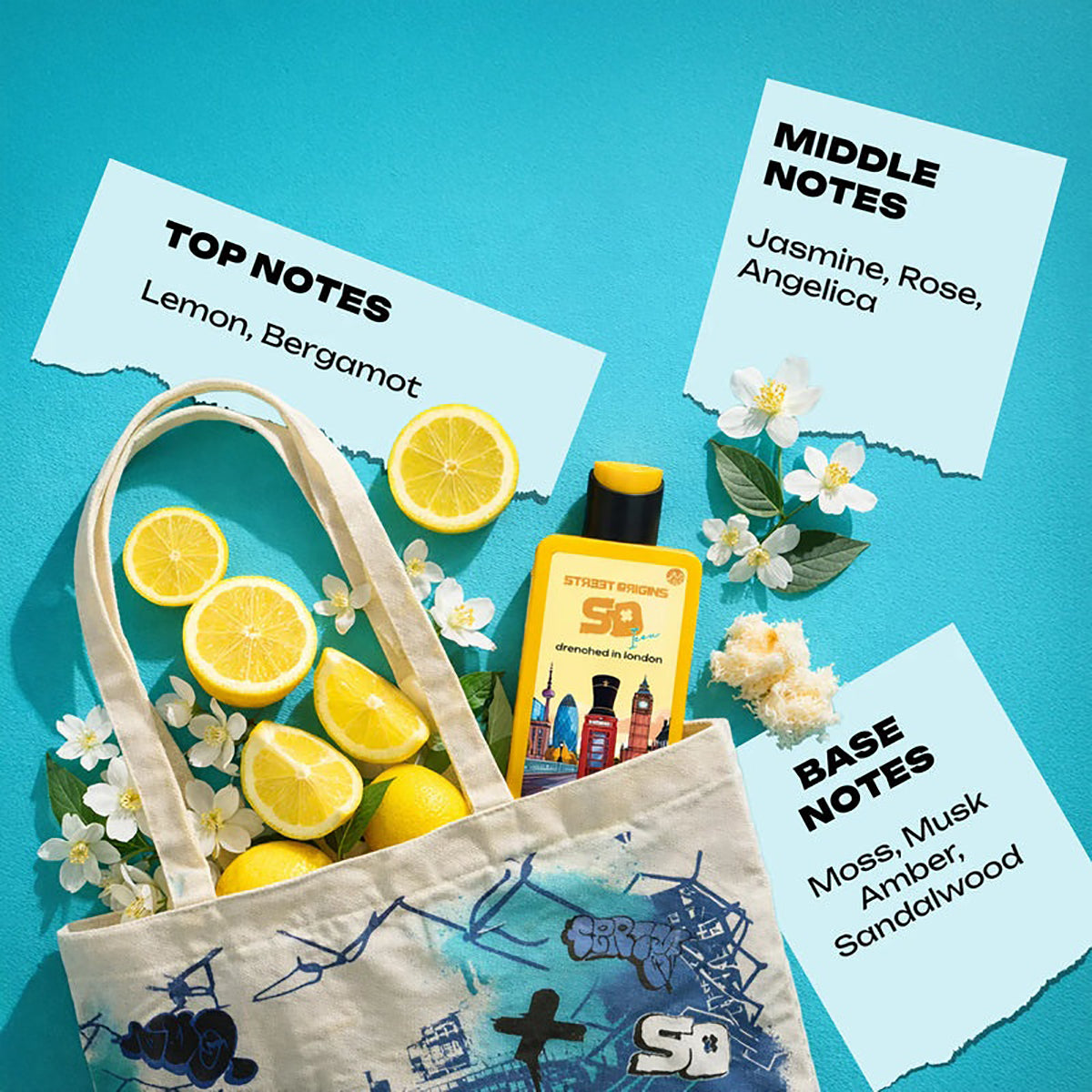Tote bag with lemons, flowers, and a bottle of soap on a blue background with notes on top notes, middle notes, and base notes.