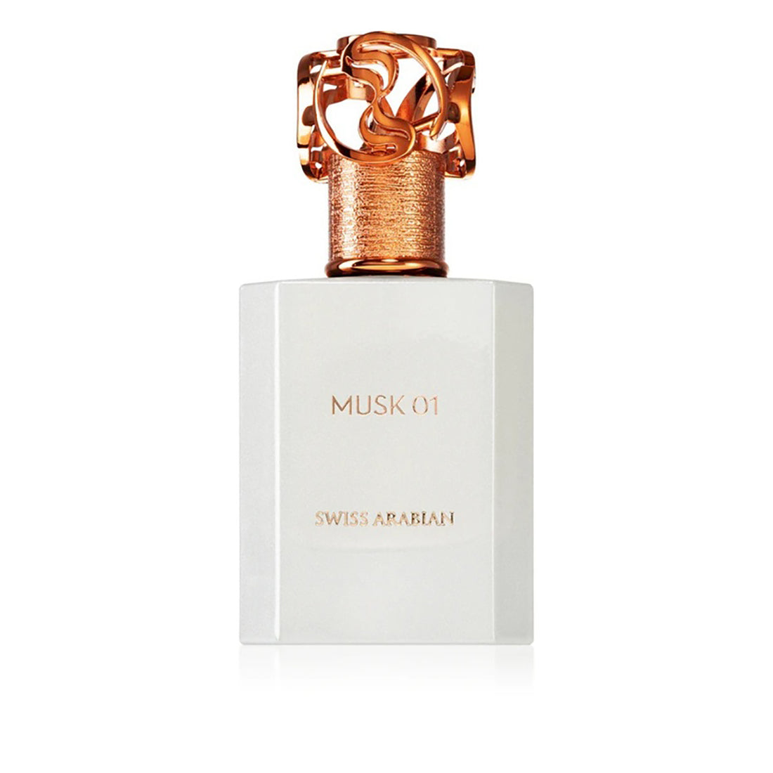 Perfume bottle with gold cap and white base on a white background