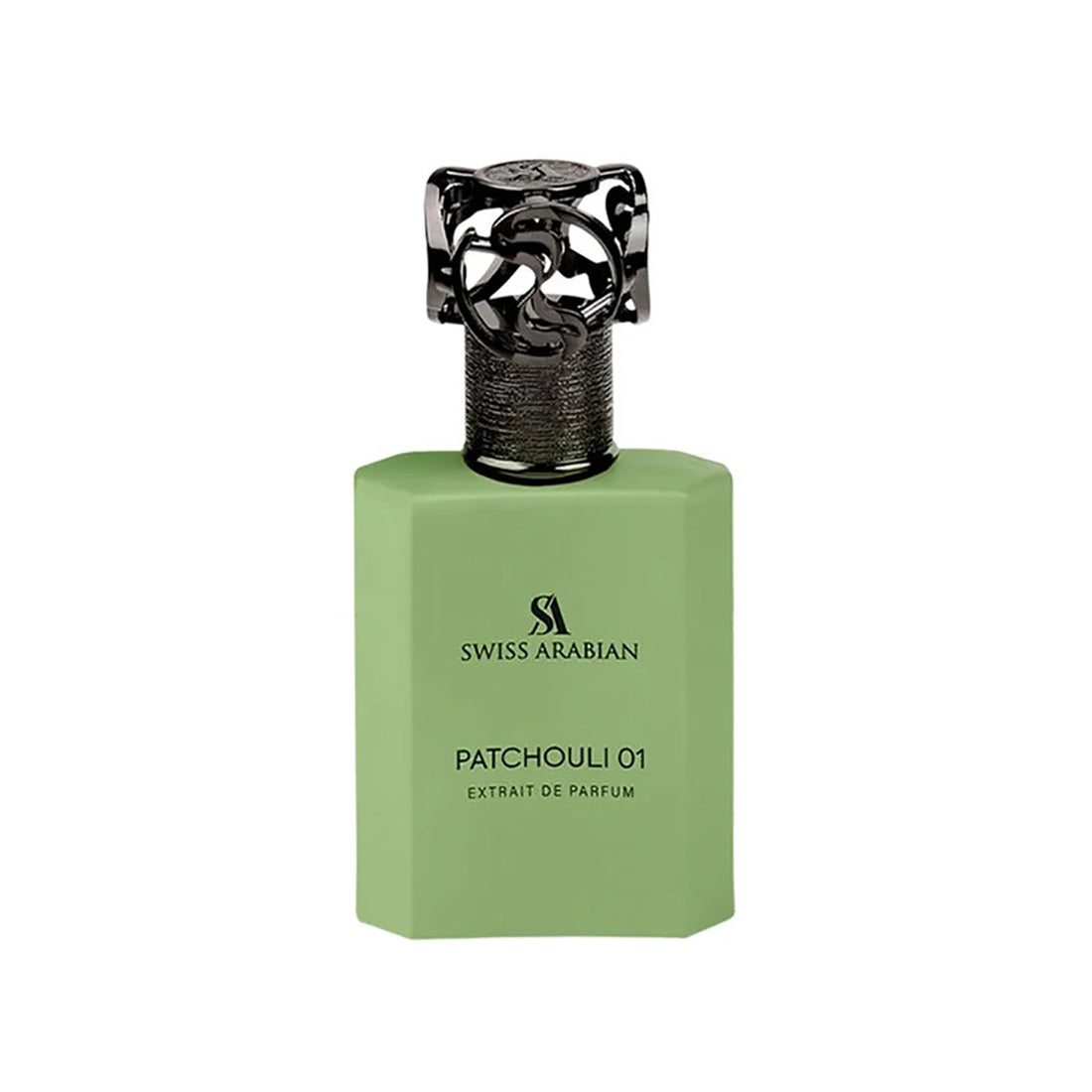 Green perfume bottle with black cap on a white background