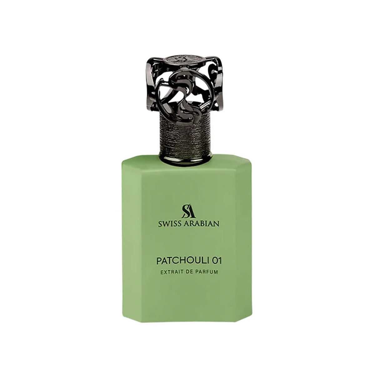Green perfume bottle with black cap on a white background