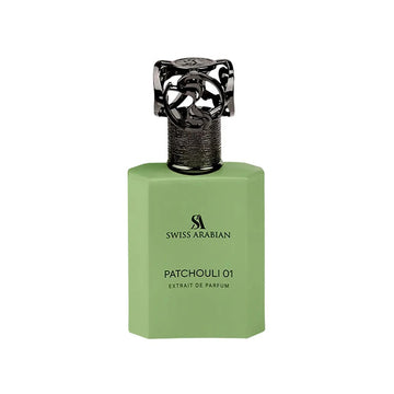 Green perfume bottle with black cap on a white background
