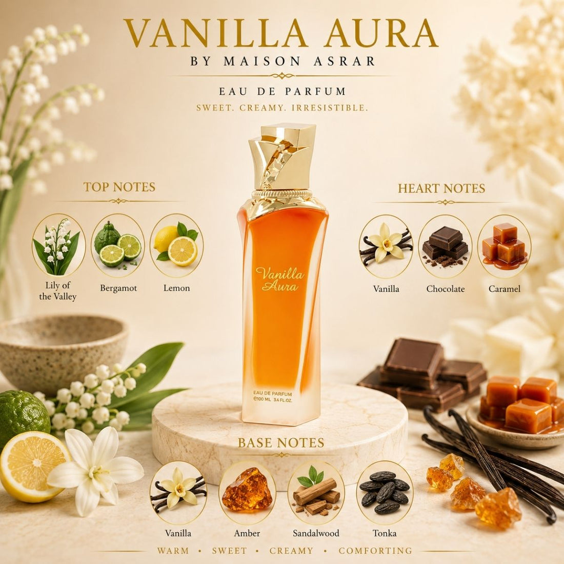 Vanilla Auro perfume bottle and packaging on a white background